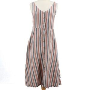 Pact Sleeveless Dress Organic Cotton Hemp Striped Buttons Pockets Natural XS